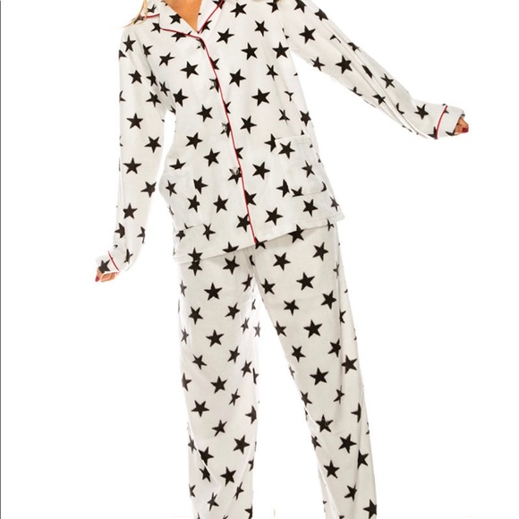 Star covered Black and White 2 Piece Pajama Set with Red Piping - Picture 3 of 6